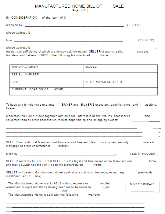 2 Manufactured Home Bill of Sale Template