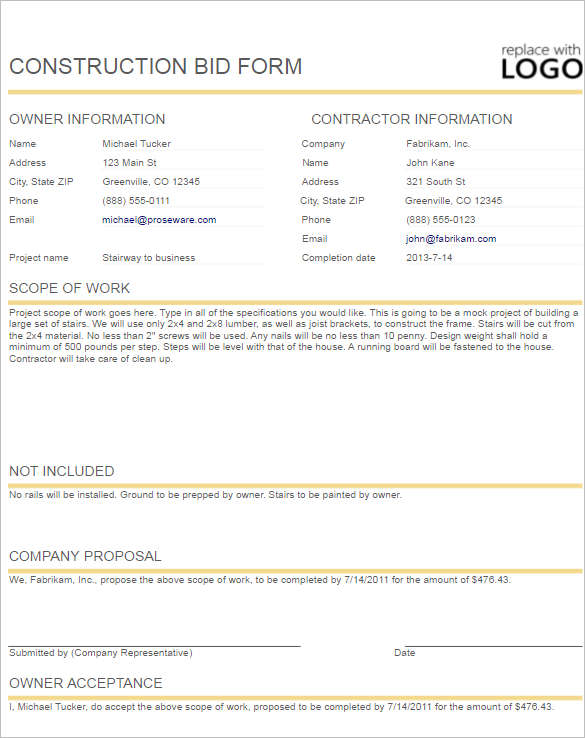 Construction Proposal Template Form