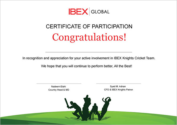 Cricket Participation Certificate Template