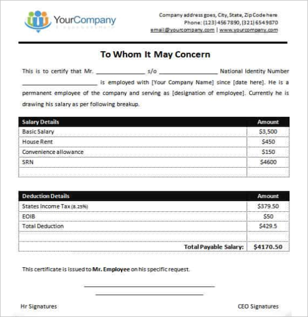 Employee Salary Certificate Template MS Word