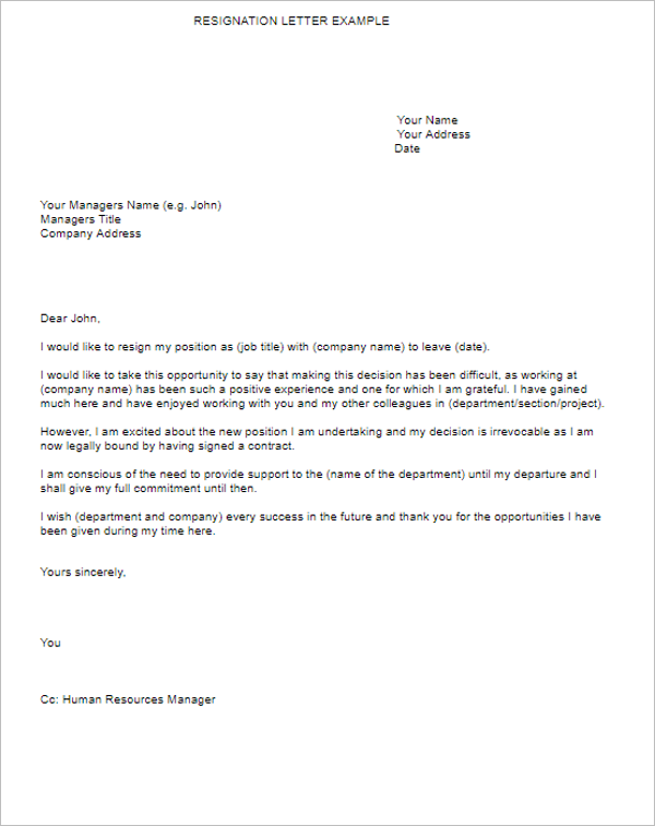 Resignation Letter Example Template