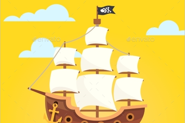 Black Scull Flag Pirate Ship Vector