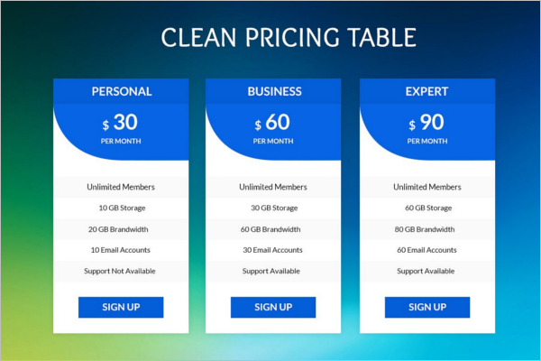 Clean Pricing Table Template