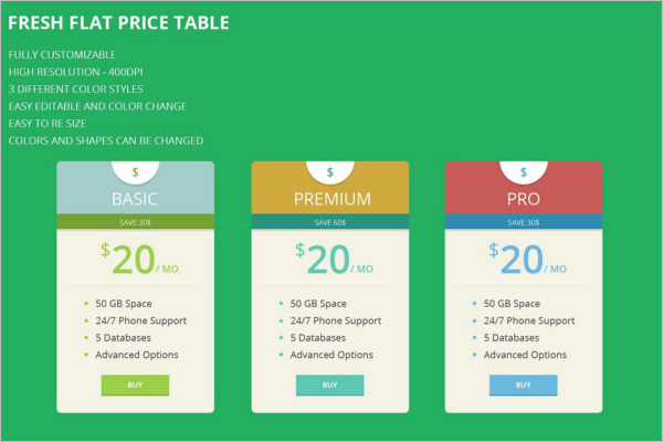 Fresh Flat Price Table Template
