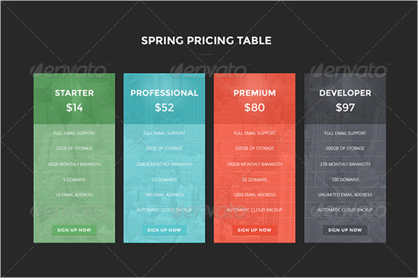 Spring Website Pricing Table
