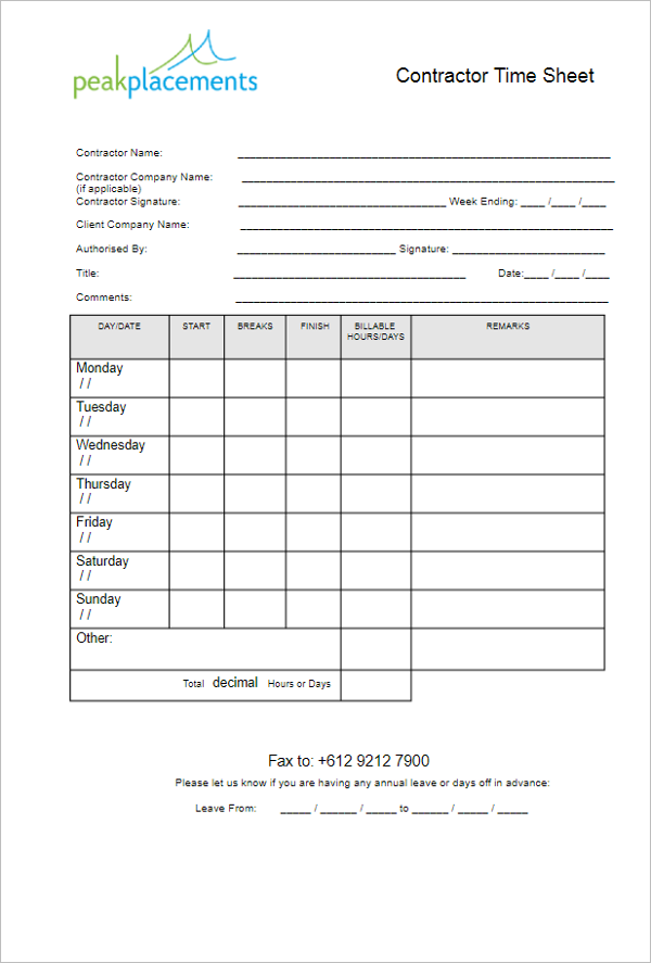 Blank Contractor Timesheet Template