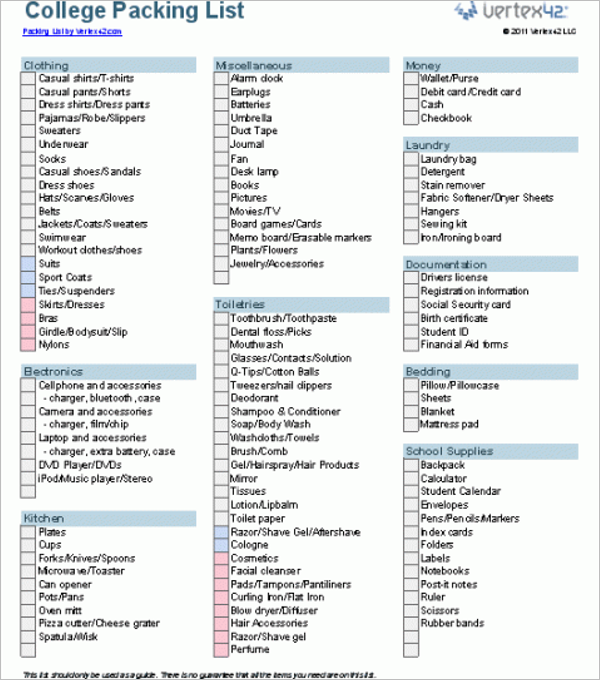 College Packing List Template