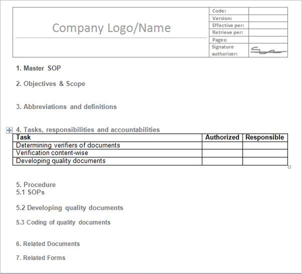 Company Standard Operating Procedure Template