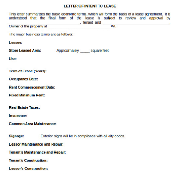Letter of Intent to Lease