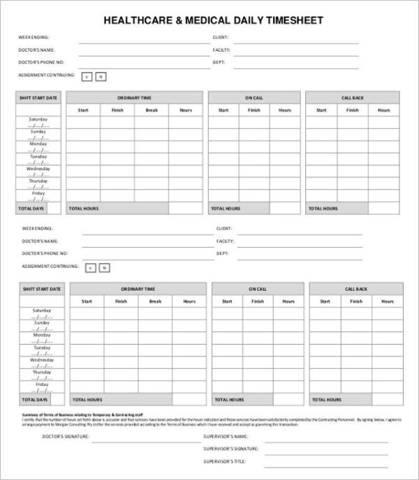 Medical Daily Timesheet Template