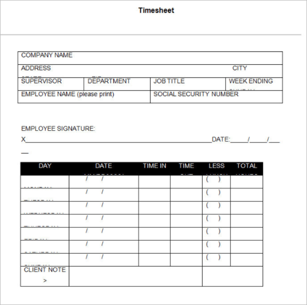 Printable Consultant Timesheet Template