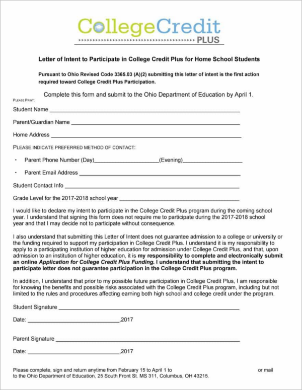 School Letter of Intent Template