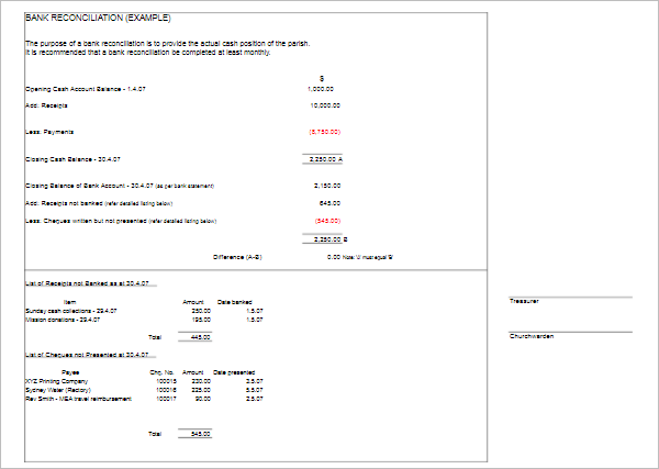 Bank Reconciliation Example Template