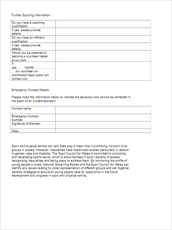 Printable Club Application Form