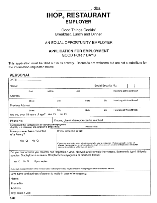 Restaurant Employer Application Form