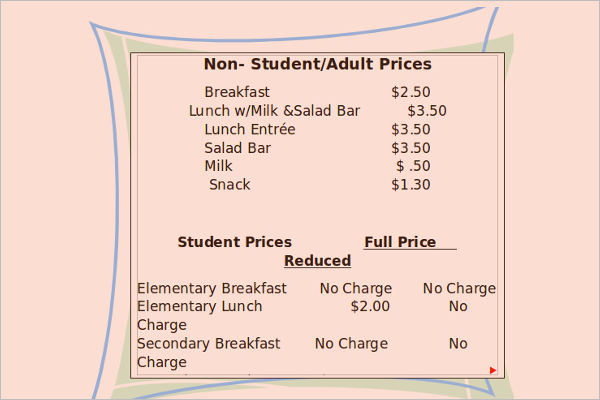 School Meal Prices Template