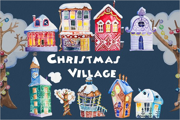 Watercolor Christmas Village Template