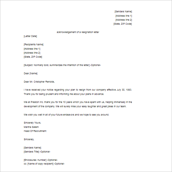 Acknowledgement Of Resignation Letter Template