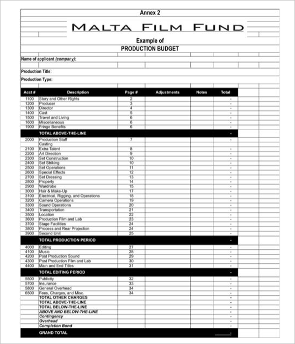 Film Budget Template Word