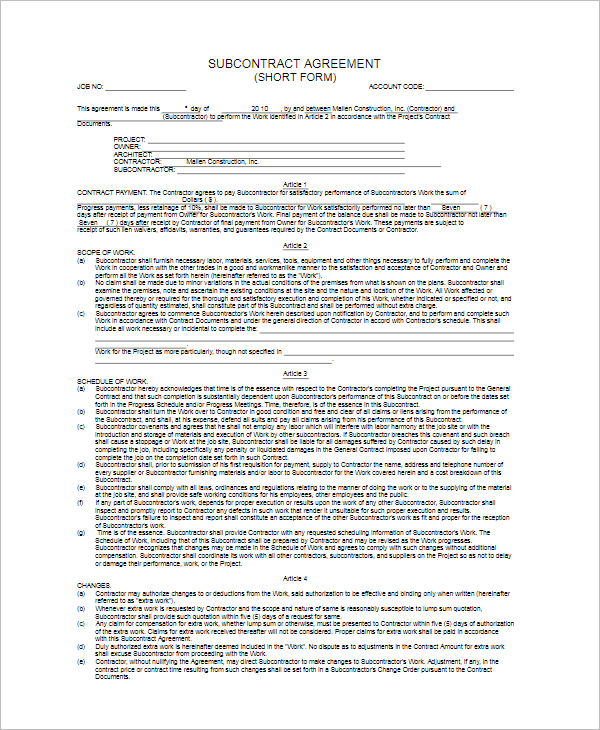 Free Subcontractor Agreement Form