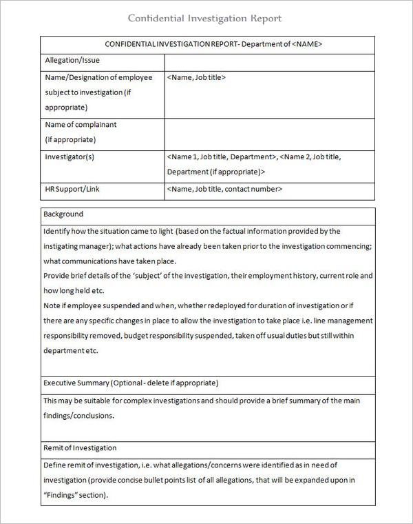 Investigation Report Template Word
