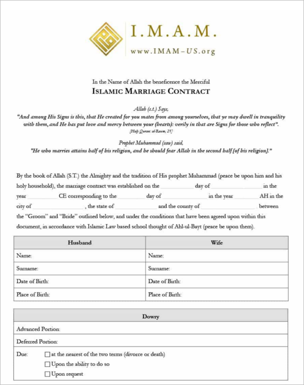 IslamicÂ Marriage AgreementÂ  Contract Sample