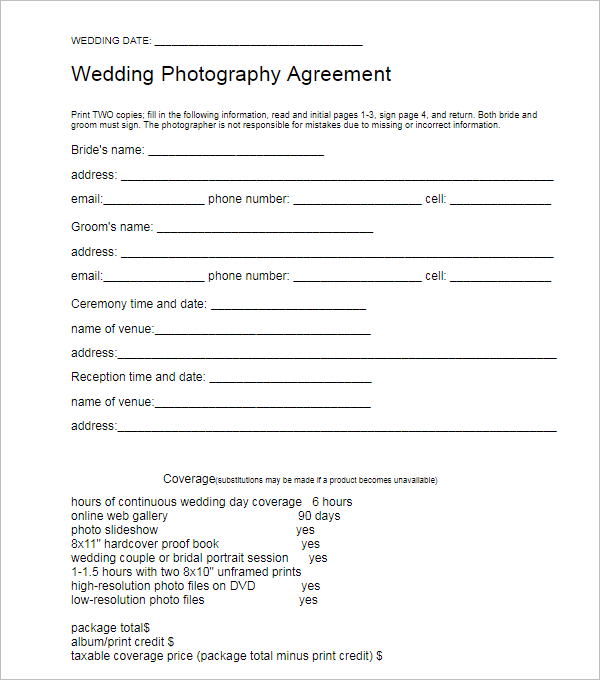Marriage PhotographyÂ Contract Template