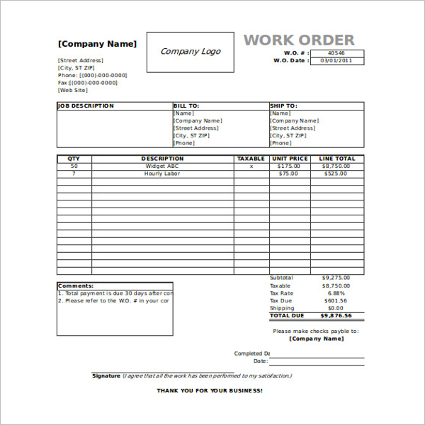 Sample BlankÂ Work Order Format Template