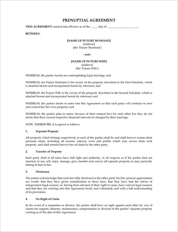 Sample Prenuptial Agreement Contract Template