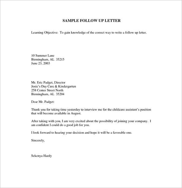 Simple Follow Up Letter Template
