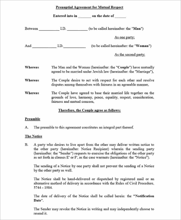 prenuptial Agreement Contract Template