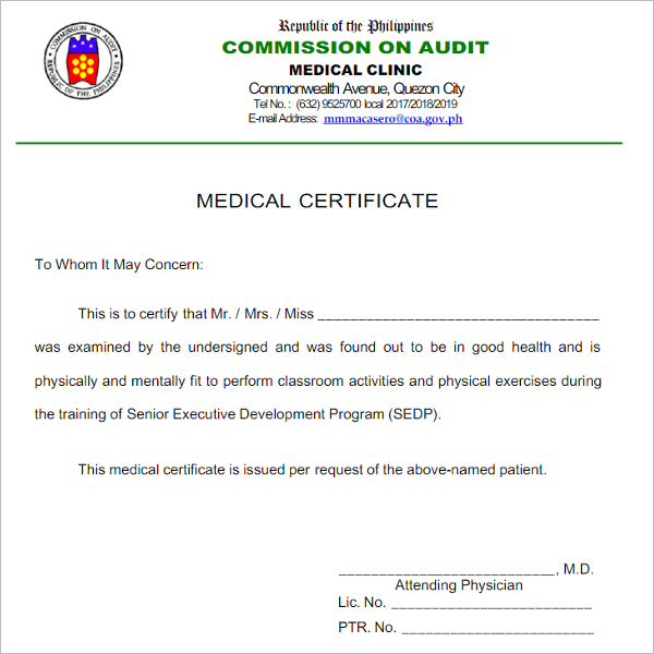 Blank Medical Certificate Format