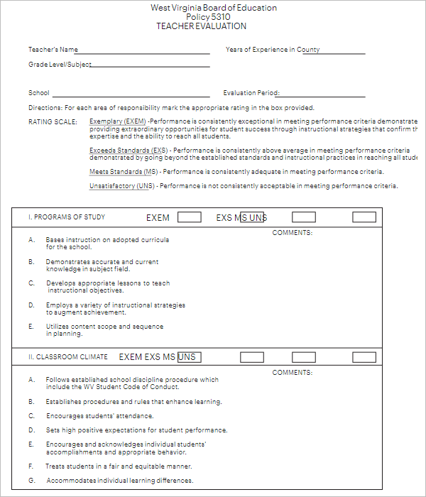 Sample Teacher Evaluation Form