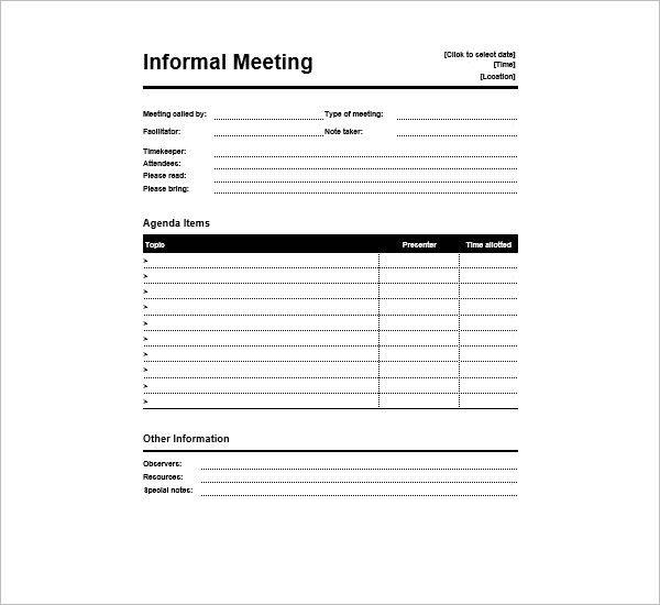 Informal Meeting Agenda Template Free Download
