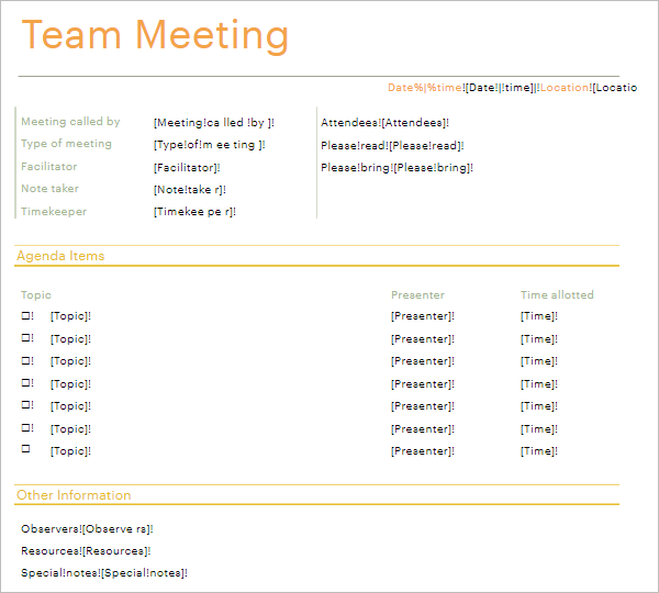 Informal Team Meeting Agenda PDF Format