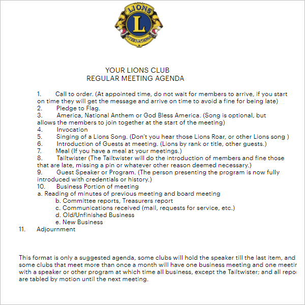 Lions Club Meeting Agenda Word