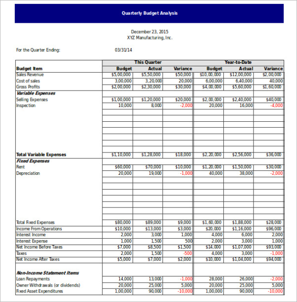 Quarterly Budget Analysis Template Excel Format