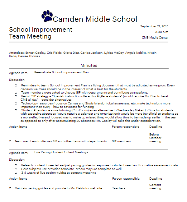 School Improvement Informal Team Meeting Agenda
