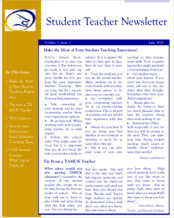 Student Teacher Newsletter Template