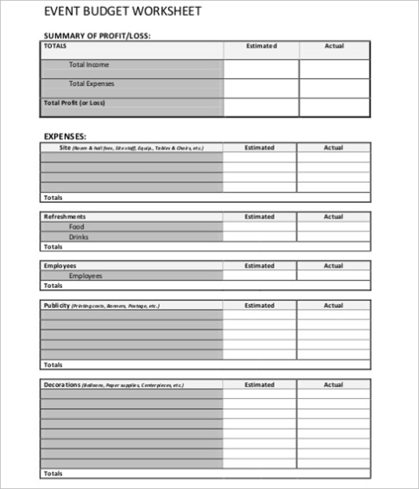 Blank Event Budget Template