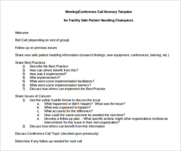 20+ Meeting Itinerary Templates Word, Excel Format Samples
