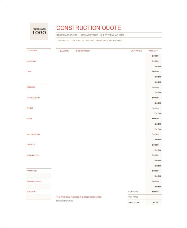 Construction Quote Template Excel