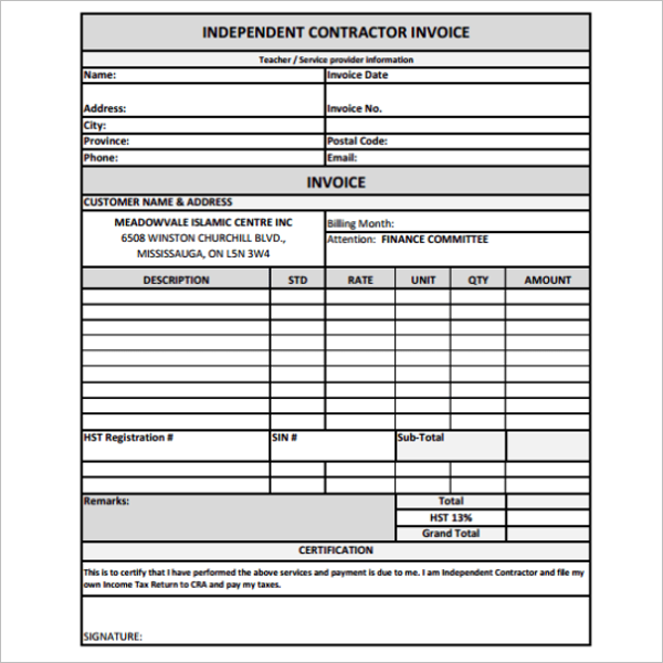 Contractor Receipt Template Excel