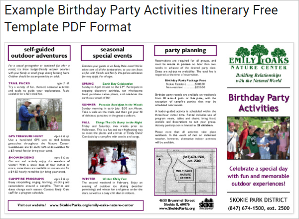 Example Birthday Party Itinerary Template