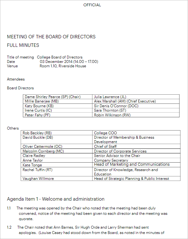 First Board Of Directors Meeting Minutes Template