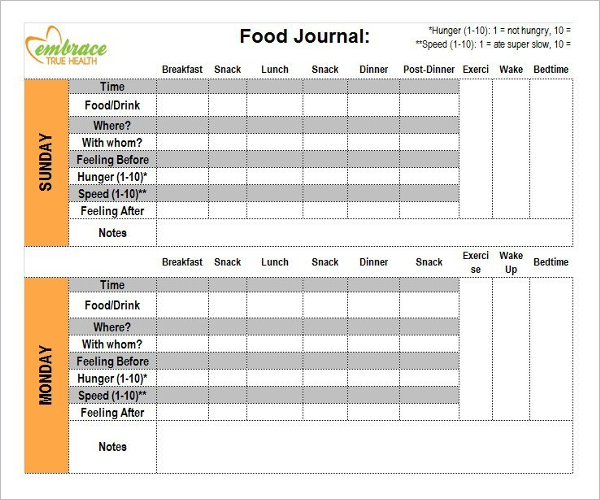 Food Journal Log Template
