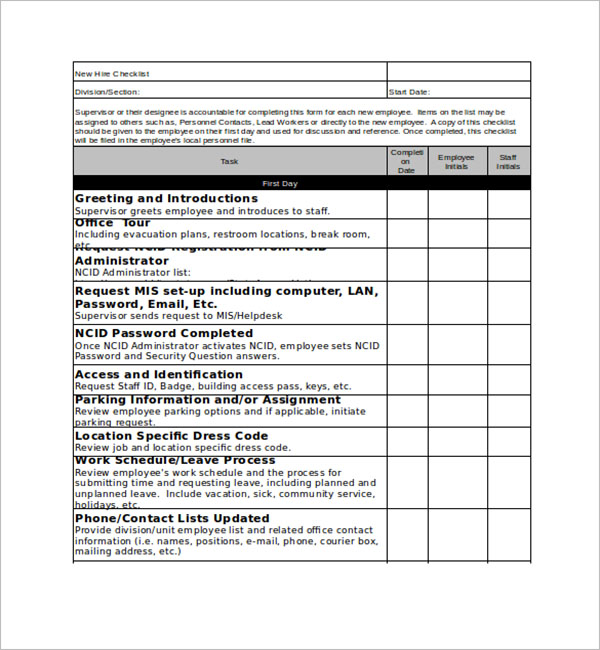 Free Excel Format New Hire Checklist