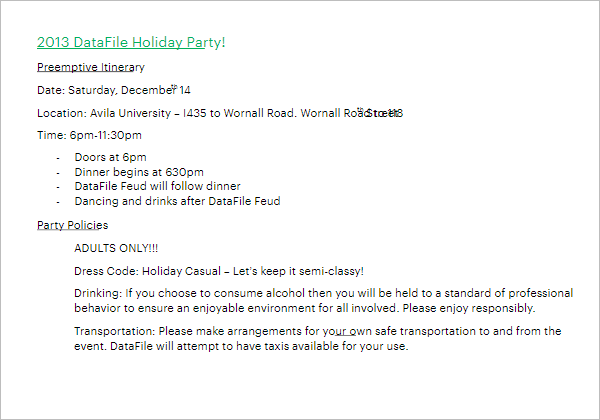 Holiday Party Itinerary Template