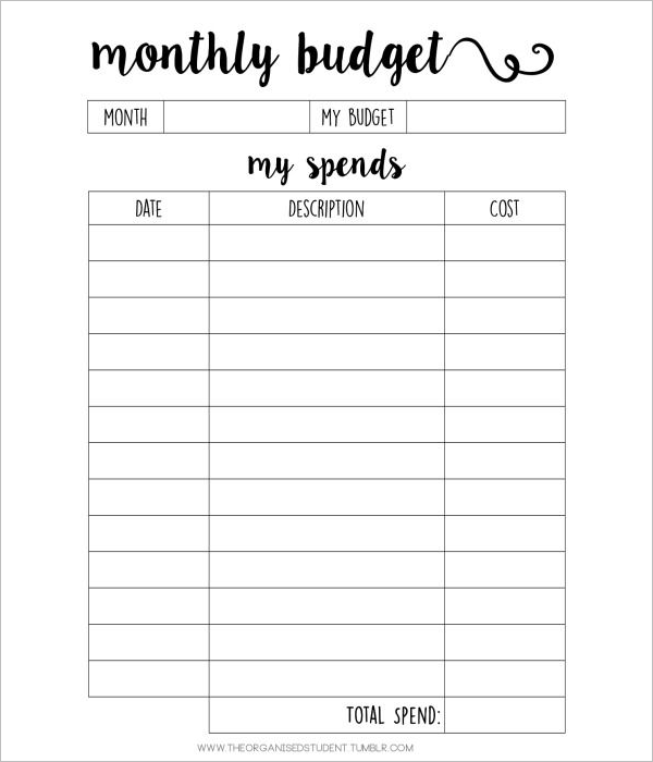 Monthly Student Budget Template