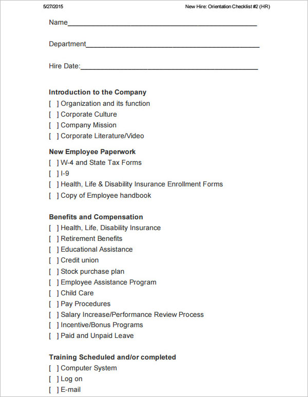New Hire Checklist Template Free Download
